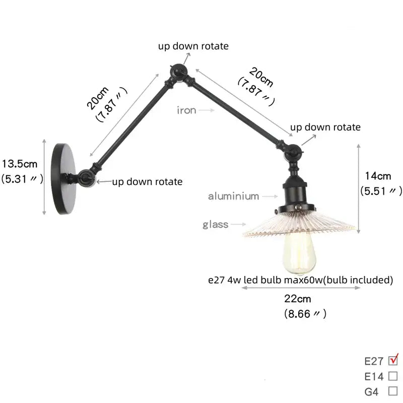 Vintage black swing arm wall lamp bedroom sconce with glass shade