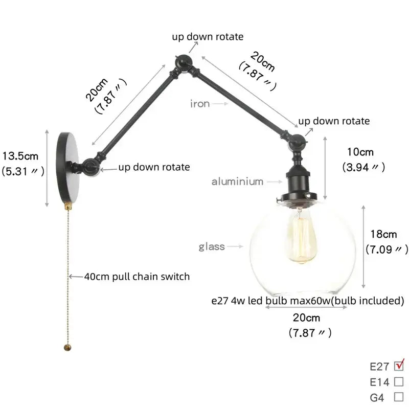 Vintage black swing arm wall lamp bedroom sconce with glass shade