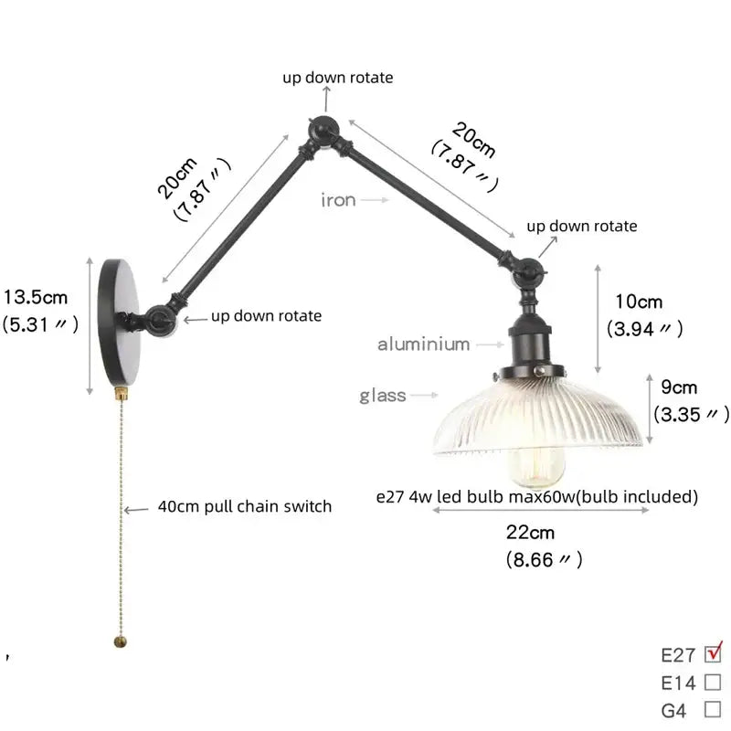 Vintage black wall lamp with white glass – bedroom swing arm sconce