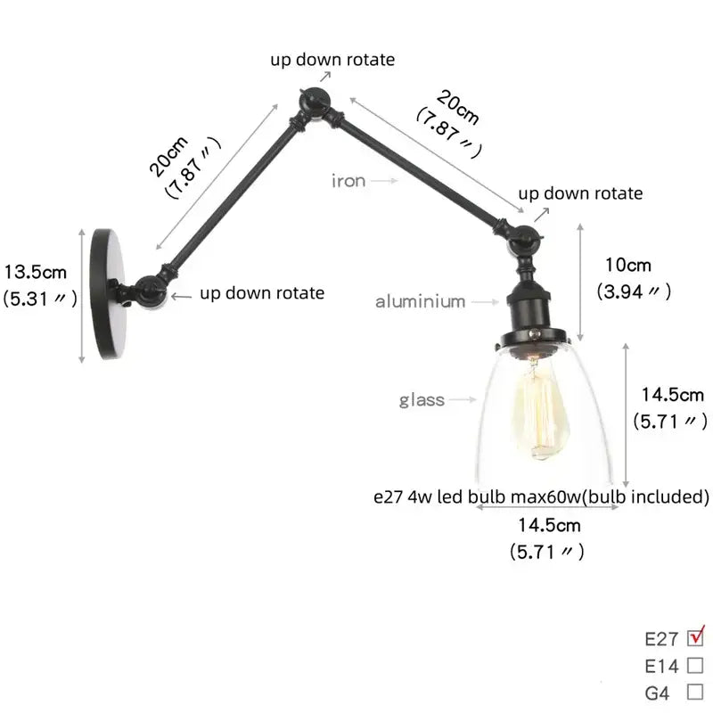 Vintage black wall lamp with white glass – bedroom swing arm sconce