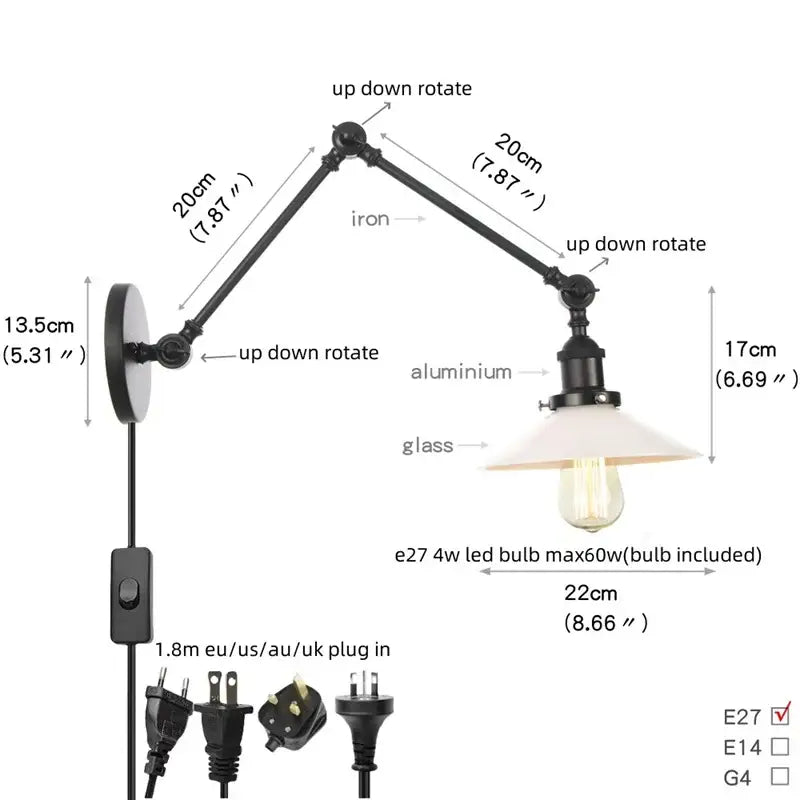 Vintage black wall lamp with white glass – bedroom swing arm sconce