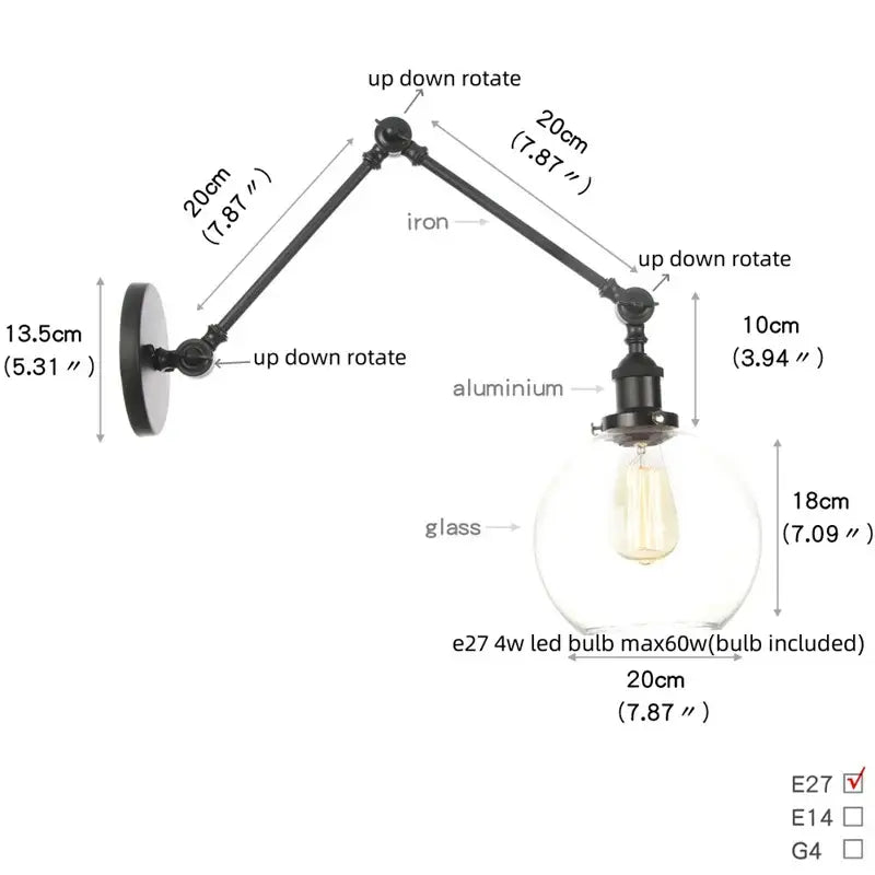 Vintage black wall lamp with white glass – bedroom swing arm sconce