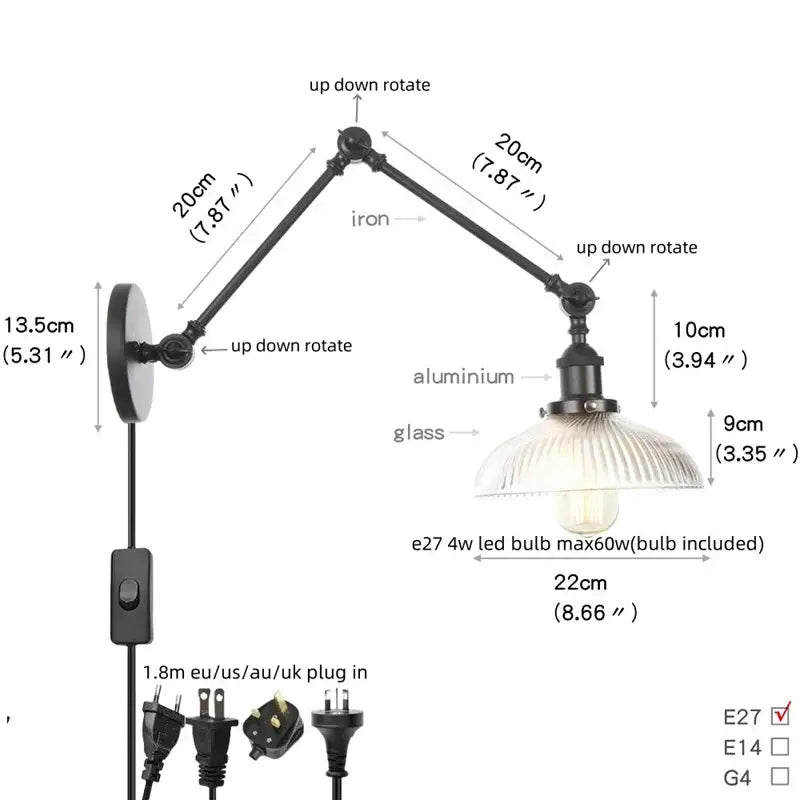 Vintage black wall lamp with white glass – bedroom swing arm sconce