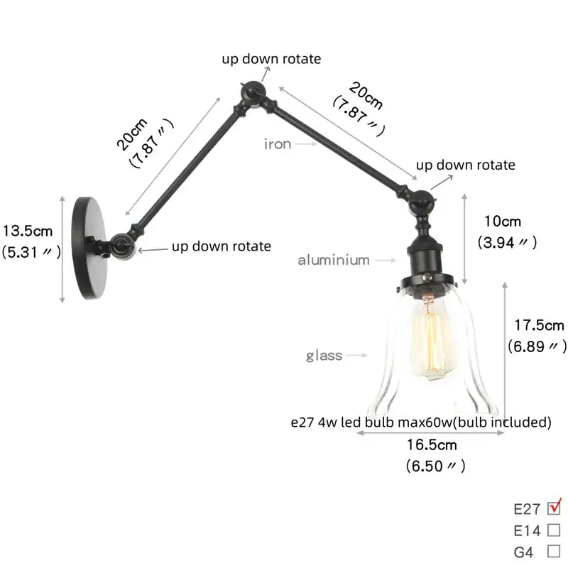Vintage black wall lamp with white glass – bedroom swing arm sconce