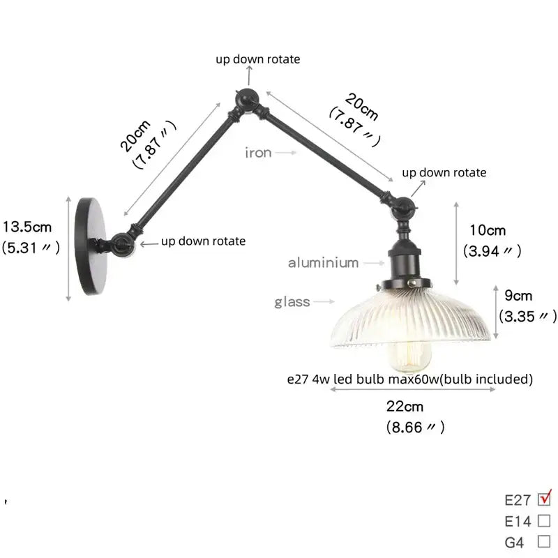 Vintage black wall lamp with white glass – bedroom swing arm sconce