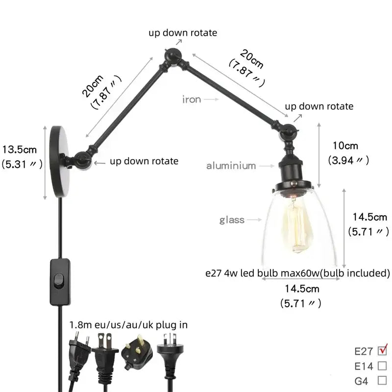 Vintage black wall lamp with white glass – bedroom swing arm sconce