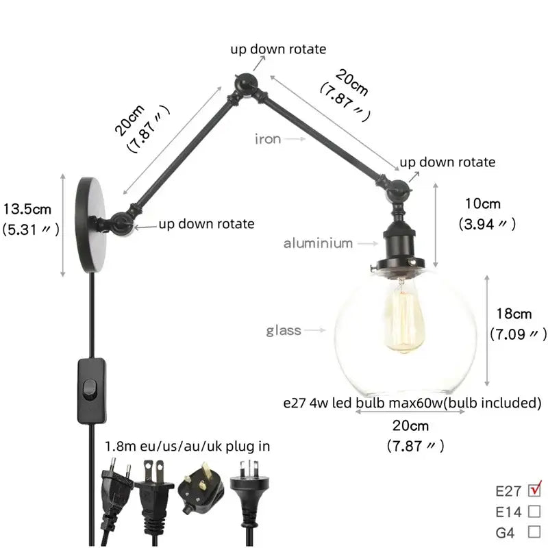Vintage black wall lamp with white glass – bedroom swing arm sconce