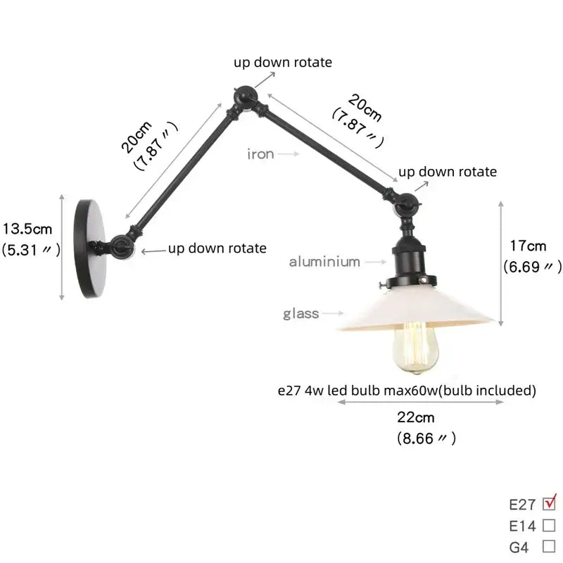 Vintage black wall lamp with white glass – bedroom swing arm sconce