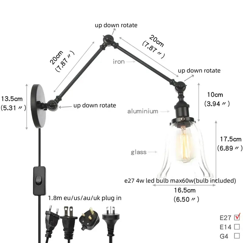 Vintage black wall lamp with white glass – bedroom swing arm sconce