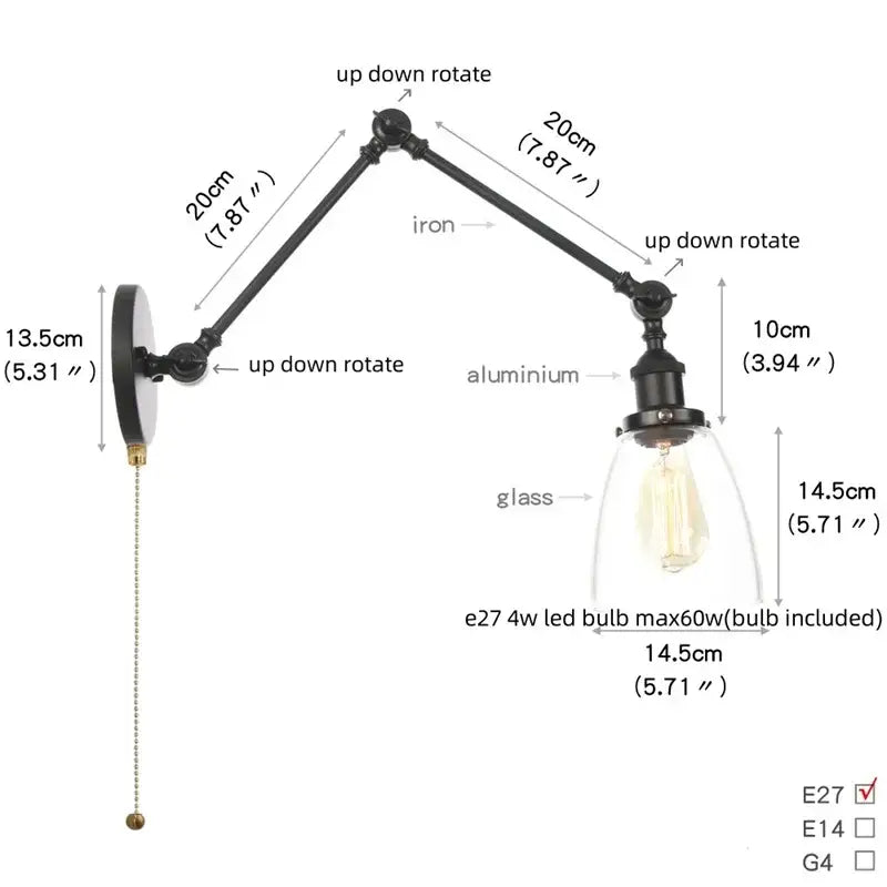 Vintage black wall lamp with white glass – bedroom swing arm sconce