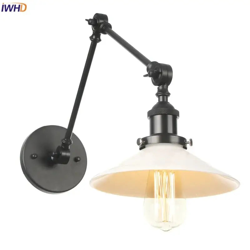 Vintage black wall lamp with white glass – bedroom swing arm sconce