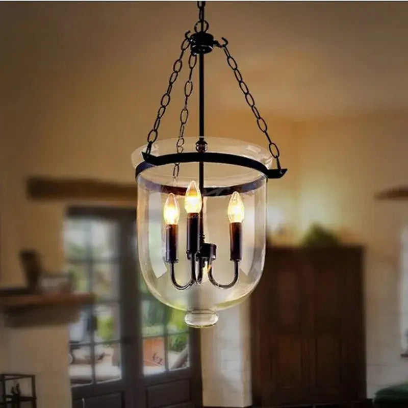 Vintage black wrought iron pendant lamp – dining room glass chandelier