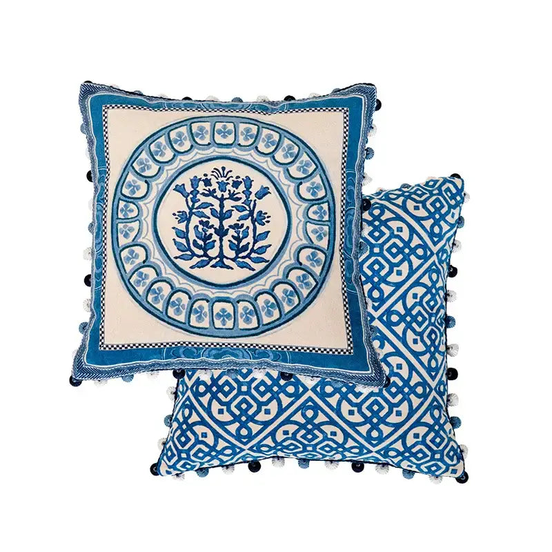 Vintage blue & cream peacock toile pillow cover – living room cushion