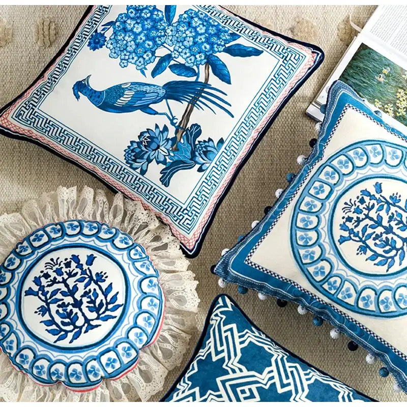 Vintage blue & cream peacock toile pillow cover – living room cushion