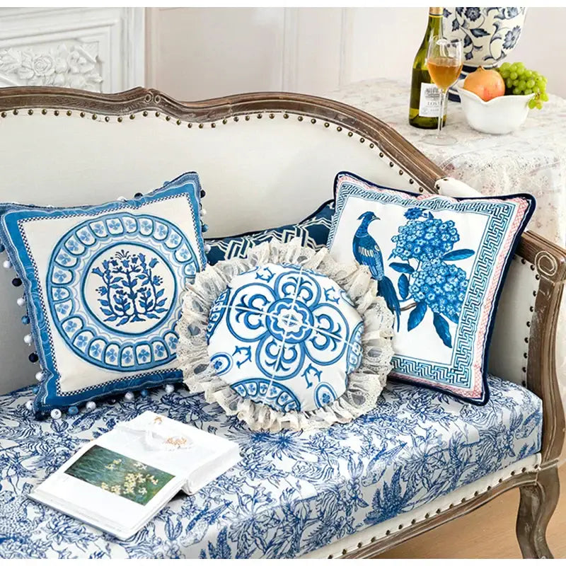 Vintage blue & cream peacock toile pillow cover – living room cushion