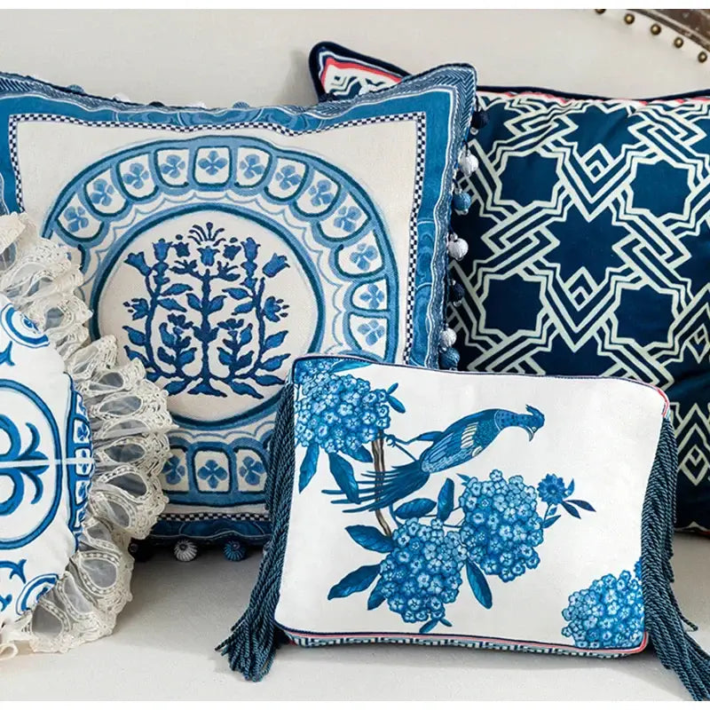 Vintage blue & cream peacock toile pillow cover – living room cushion