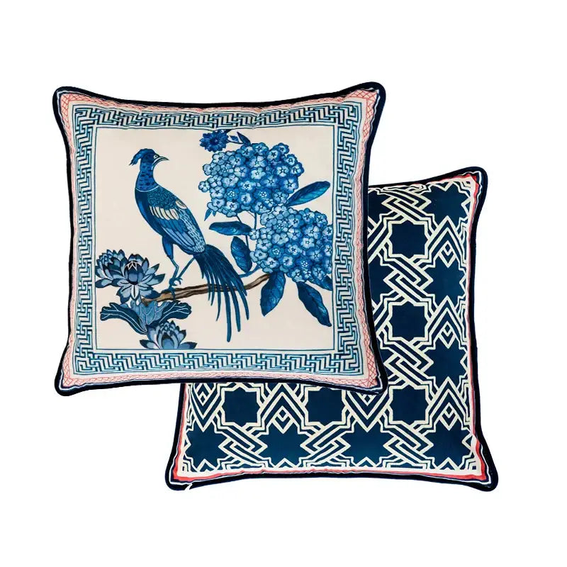 Vintage blue & cream peacock toile pillow cover – living room cushion