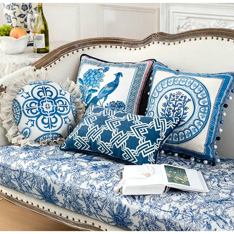 Vintage blue & cream peacock toile pillow cover – living room cushion