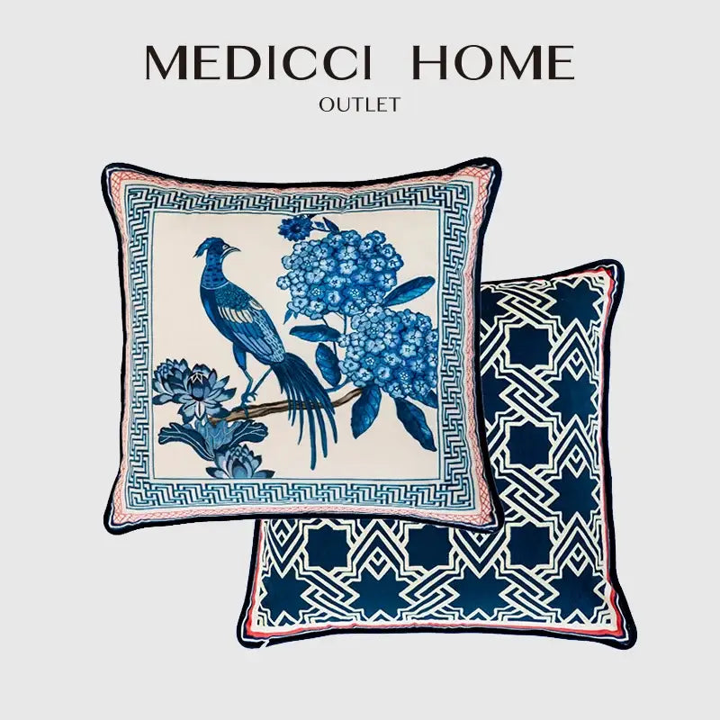Vintage blue & cream peacock toile pillow cover – living room cushion