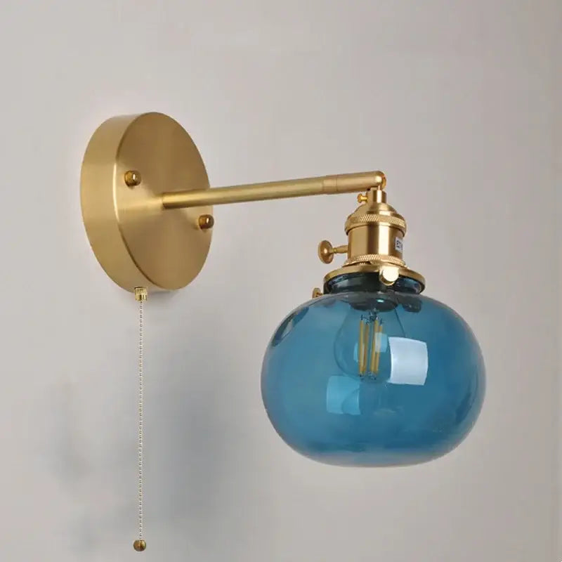 Vintage blue glass wall lamp – bedroom pull chain sconce