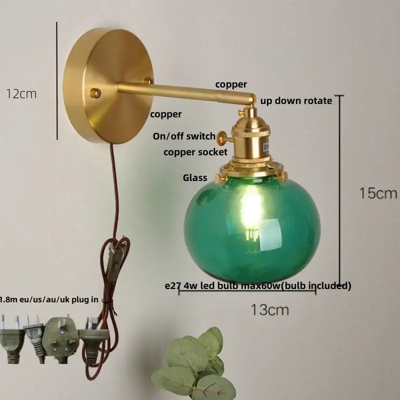Vintage blue glass wall lamp – bedroom pull chain sconce