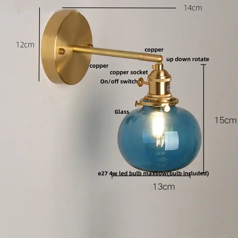 Vintage blue glass wall lamp – bedroom pull chain sconce