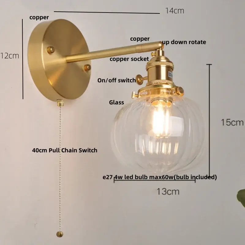 Vintage blue glass wall lamp – bedroom pull chain sconce