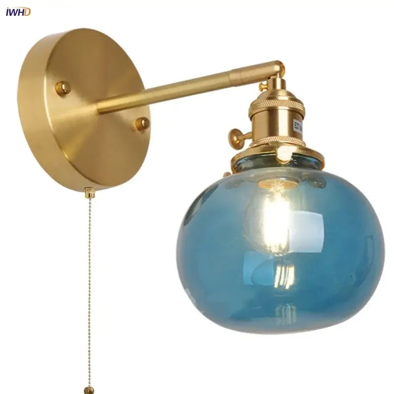 Vintage blue glass wall lamp – bedroom pull chain sconce