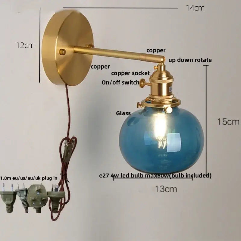 Vintage blue glass wall lamp – bedroom pull chain sconce