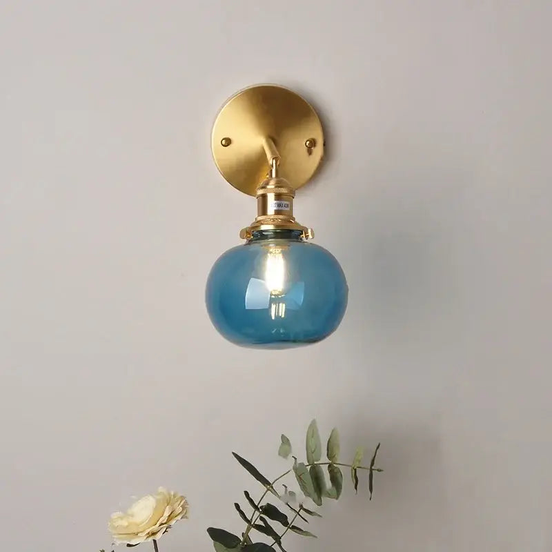 Vintage blue glass wall lamp – bedroom pull chain sconce