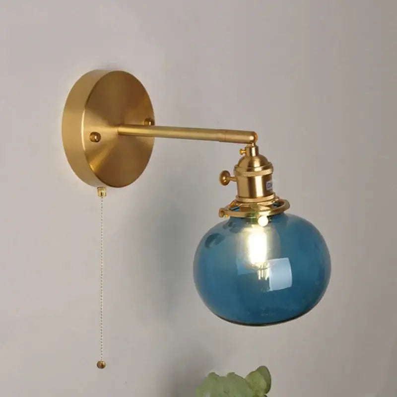 Vintage blue glass wall lamp – bedroom pull chain sconce