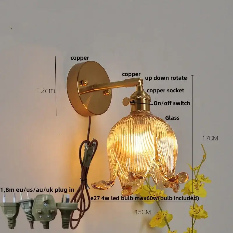 Vintage blue glass wall lamp – bedroom pull chain sconce