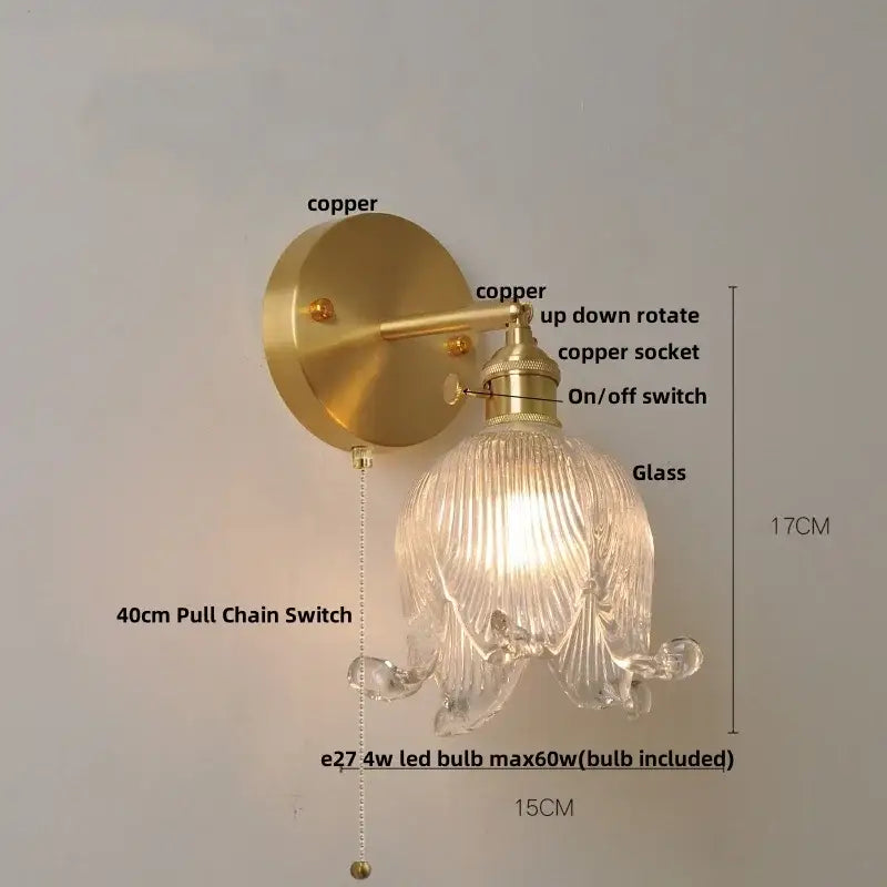 Vintage blue glass wall lamp – bedroom pull chain sconce