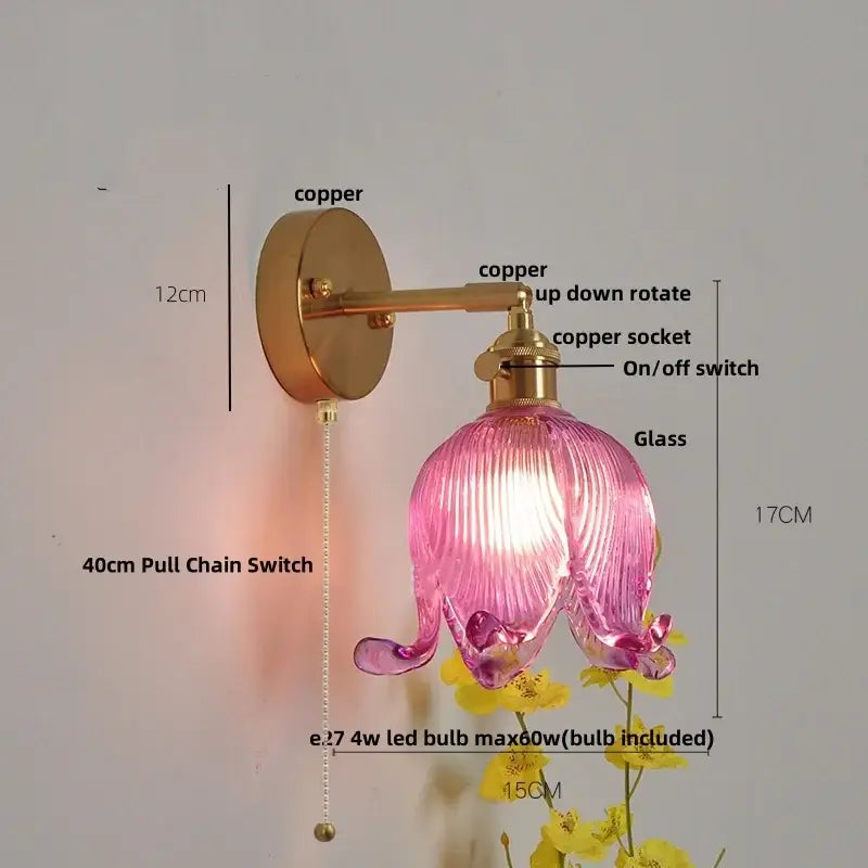 Vintage blue glass wall lamp – bedroom pull chain sconce