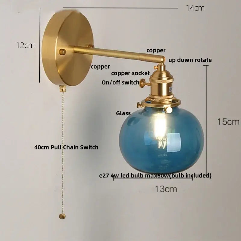 Vintage blue glass wall lamp – bedroom pull chain sconce