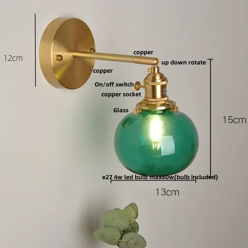 Vintage blue glass wall lamp – bedroom pull chain sconce