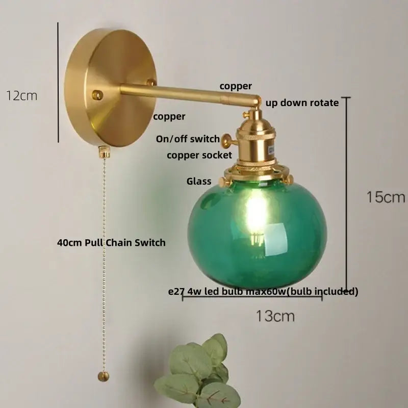 Vintage blue glass wall lamp – bedroom pull chain sconce