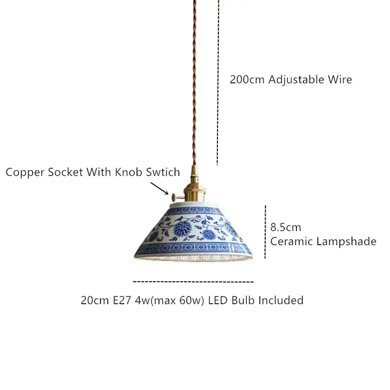 Vintage blue & white ceramic pendant lamp dining room floral led