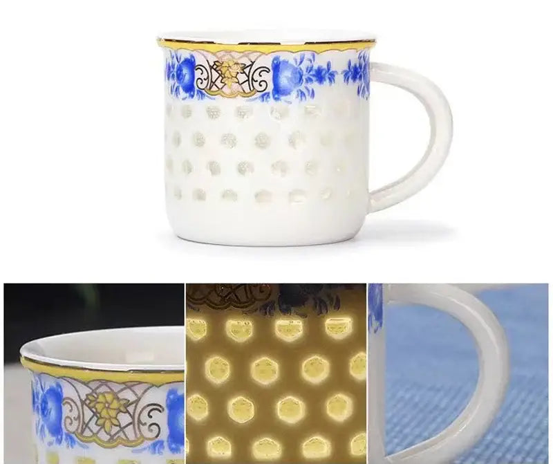 Vintage blue & white ceramic tea cup set dining room perforated bowl
