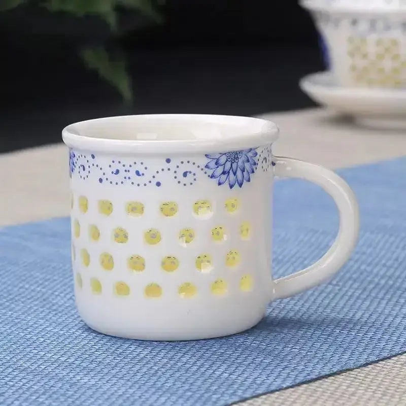 Vintage blue & white ceramic tea cup set dining room perforated bowl