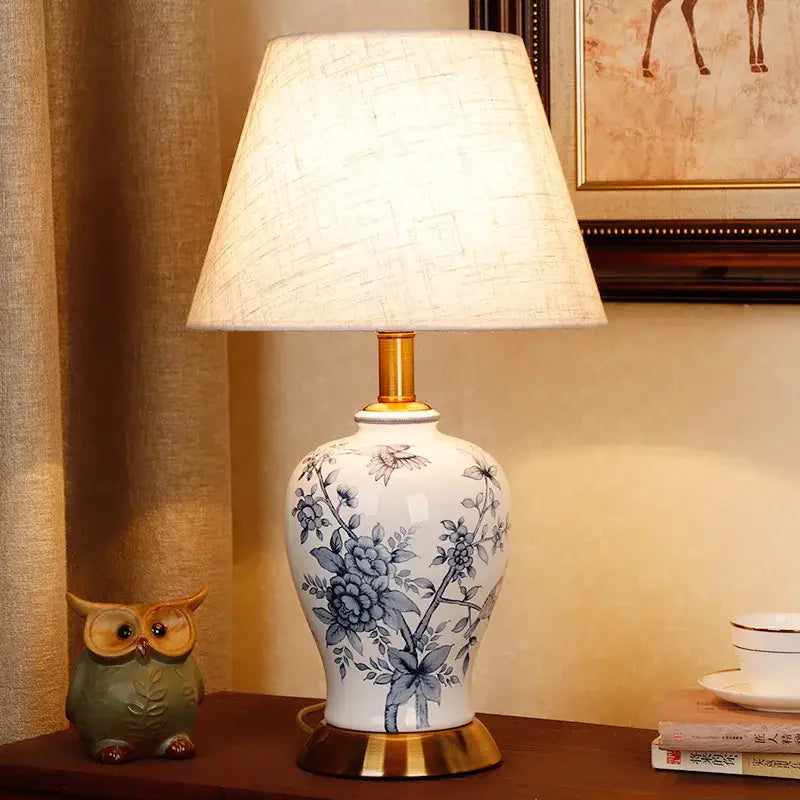 Vintage blue & white porcelain table lamp bedroom floral ceramic light