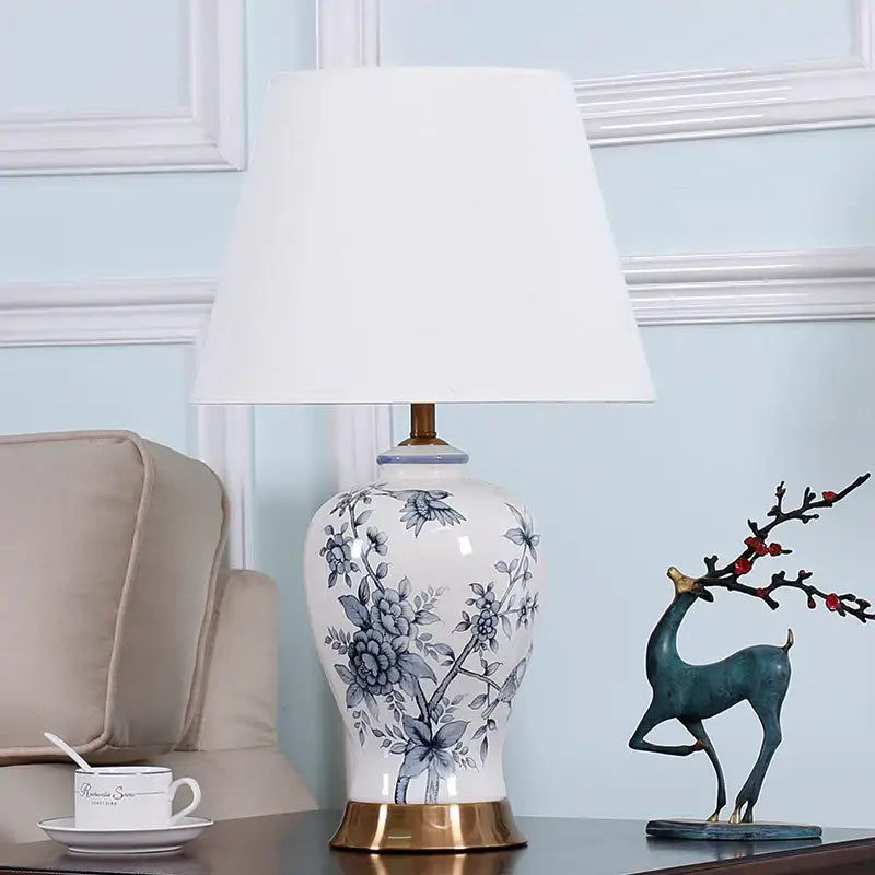 Vintage blue & white porcelain table lamp bedroom floral ceramic light