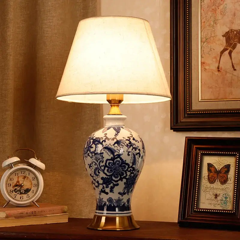 Vintage blue & white porcelain table lamp bedroom floral ceramic light