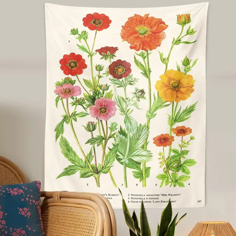 Vintage botanical flower print tapestry bedroom wall hanging