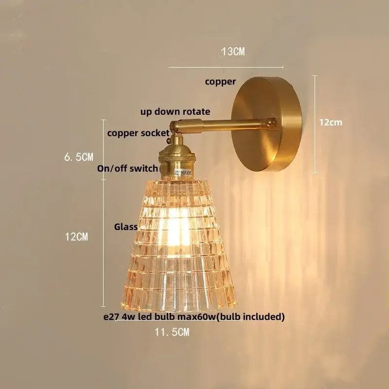Vintage brass amber coffee glass wall sconce bedroom led light