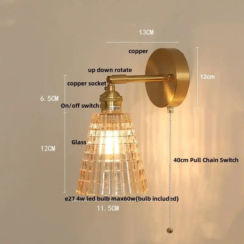 Vintage brass amber coffee glass wall sconce bedroom led light