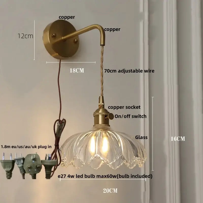 Vintage brass amber coffee glass wall sconce bedroom led light