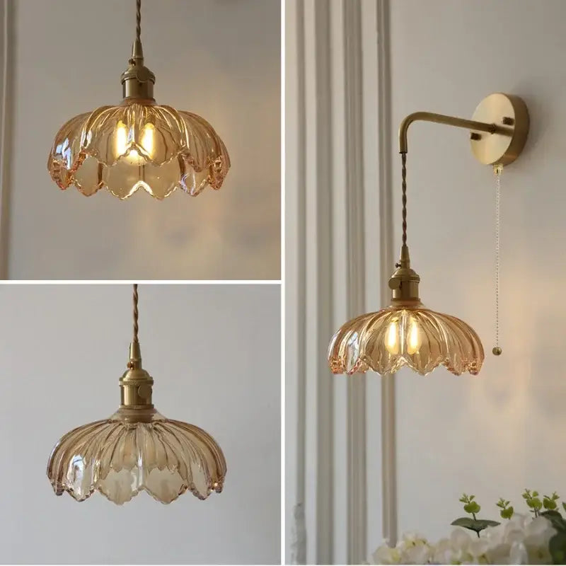 Vintage brass amber coffee glass wall sconce bedroom led light
