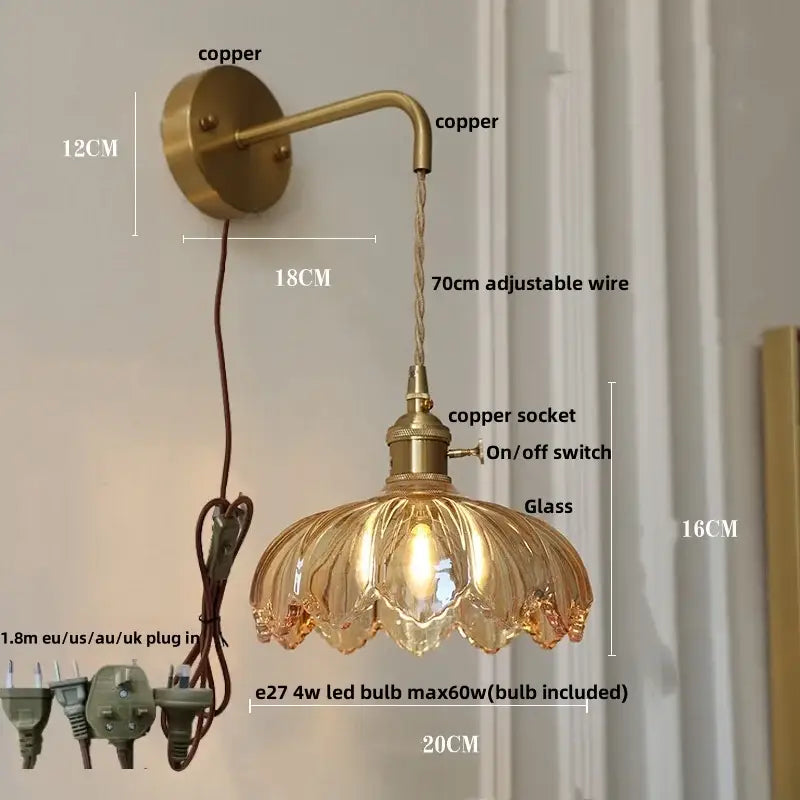 Vintage brass amber coffee glass wall sconce bedroom led light