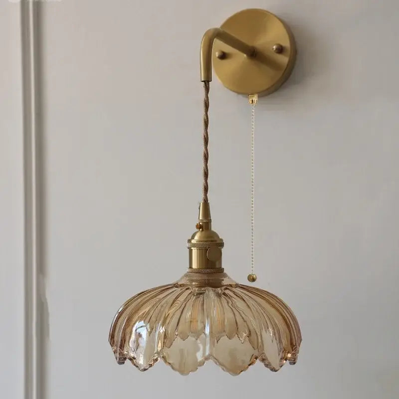 Vintage brass amber coffee glass wall sconce bedroom led light